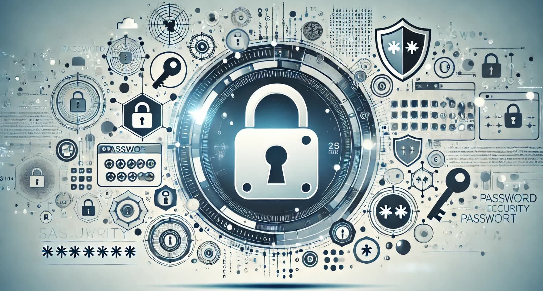 Password complexity solutions, showcasing secure locks, encryption symbols, and key elements for simplifying password management and protection.
