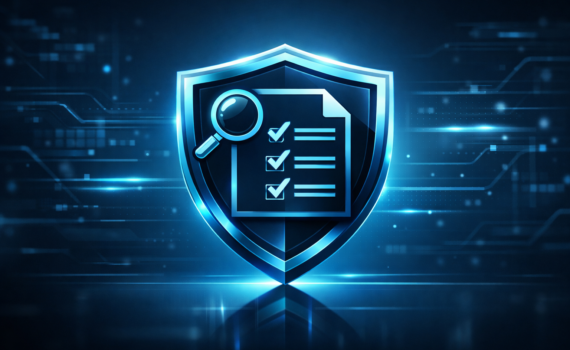Audit shield icon representing passwordless authentication with evidence and compliance control.