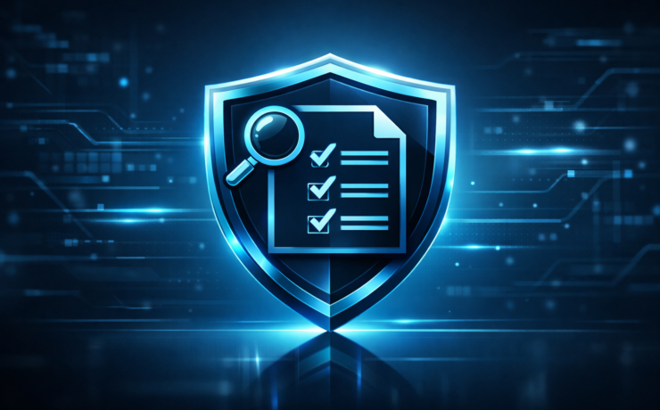 Audit shield icon representing passwordless authentication with evidence and compliance control.