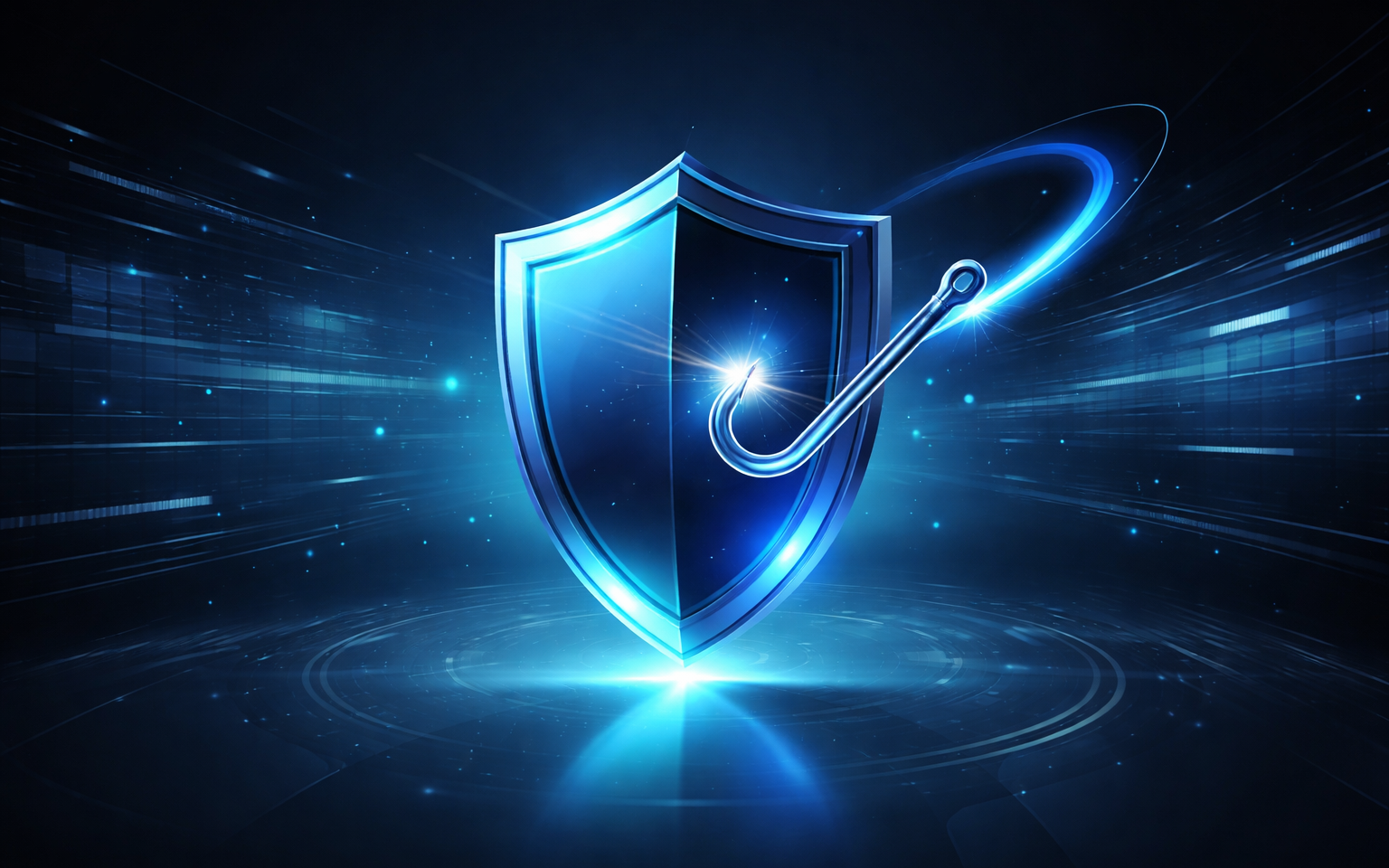 Shield icon deflecting a phishing hook representing how passwordless reduces credential theft.