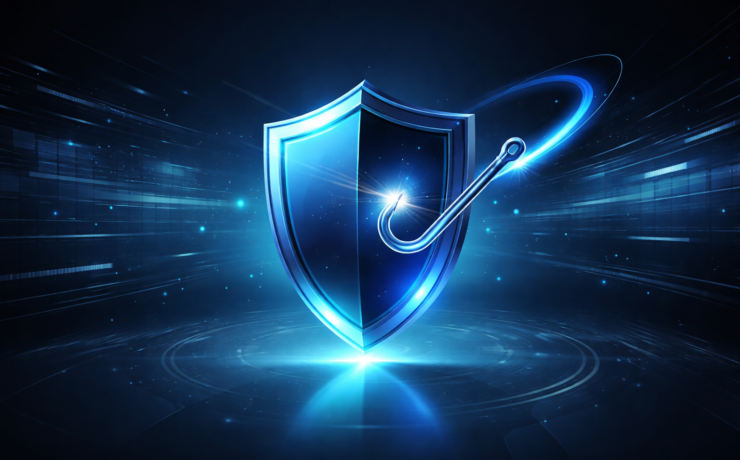 Shield icon deflecting a phishing hook representing how passwordless reduces credential theft.