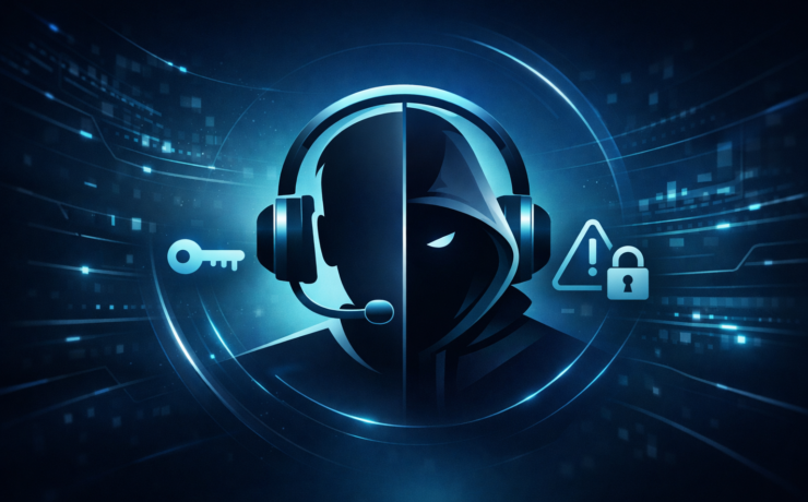 Helpdesk headset icon representing social engineering risk during account recovery.