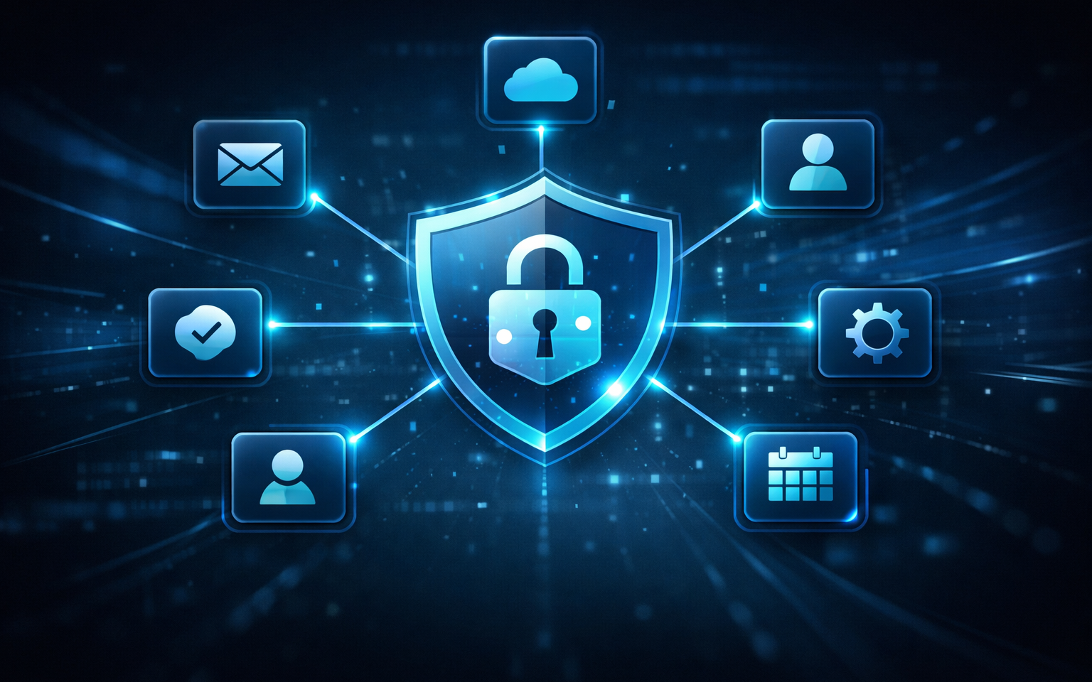 A single centered hub-and-spoke icon showing an SSO hub connected to multiple app nodes, with a shield overlay representing MFA policy control.
