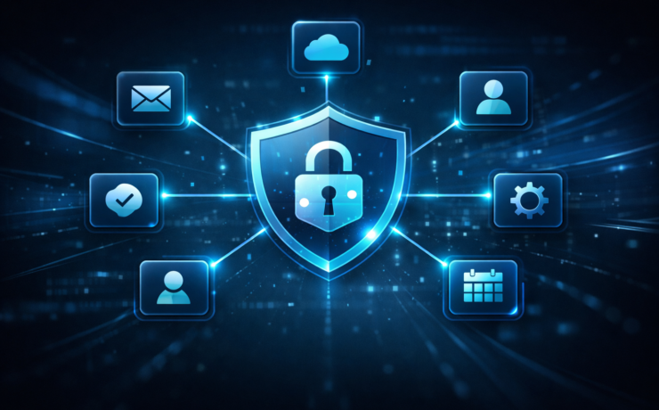 A single centered hub-and-spoke icon showing an SSO hub connected to multiple app nodes, with a shield overlay representing MFA policy control.