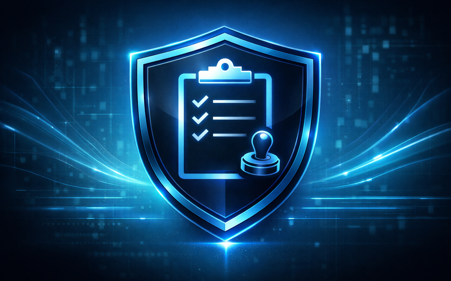 A single centered clipboard checklist icon inside a shield, with a small “audit” stamp symbol (no text).