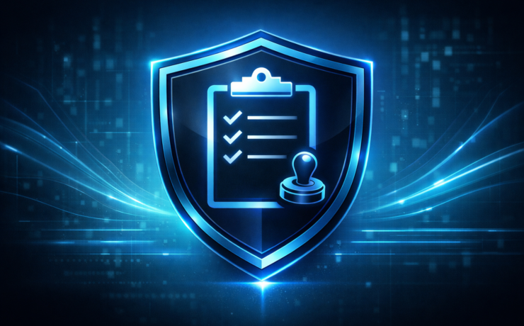 A single centered clipboard checklist icon inside a shield, with a small “audit” stamp symbol (no text).