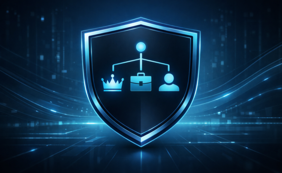A single centered decision-tree icon with three branches labeled by symbols (crown for Tier 0, briefcase for Tier 1, user silhouette for Tier 2), inside a shield outline.