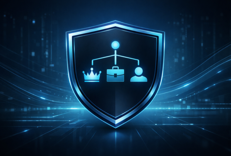 A single centered decision-tree icon with three branches labeled by symbols (crown for Tier 0, briefcase for Tier 1, user silhouette for Tier 2), inside a shield outline.