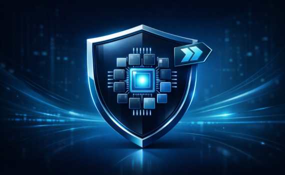 “Shield with modular chip icon representing post-quantum readiness and cryptographic agility for MFA.