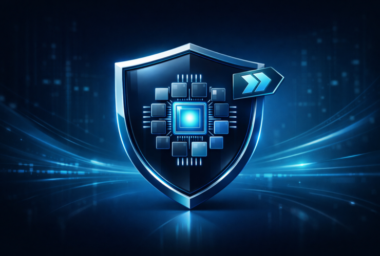 “Shield with modular chip icon representing post-quantum readiness and cryptographic agility for MFA.