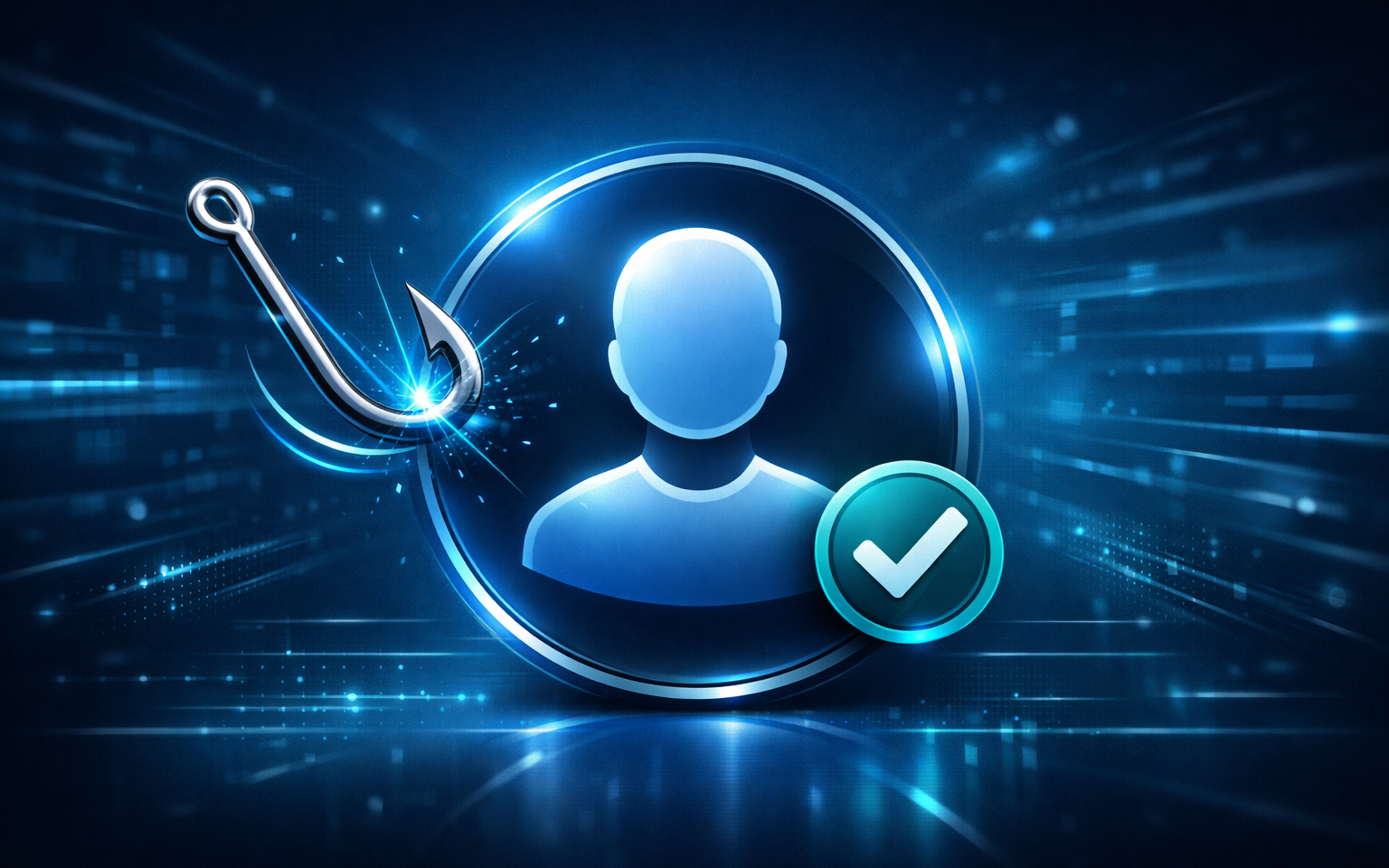 A single centered shield icon with a phishing hook bouncing off it and a small checkmark badge