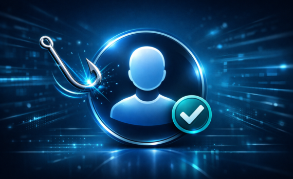 A single centered shield icon with a phishing hook bouncing off it and a small checkmark badge