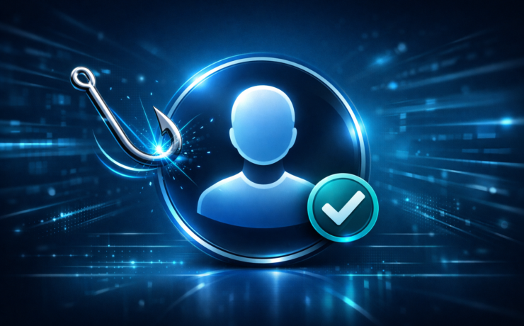 A single centered shield icon with a phishing hook bouncing off it and a small checkmark badge